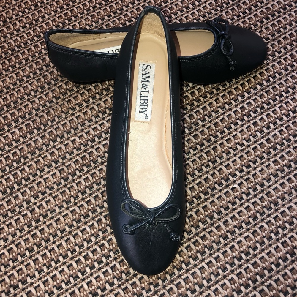 Sam & Libby Black Ballet Slip-on Flats Round Toe Bow Tie Accents- Sz 8